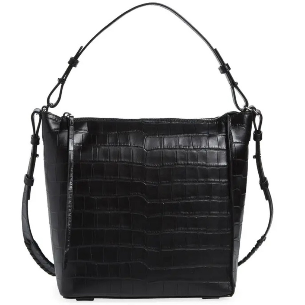 ALL SAINTS Kita Croc Embossed Leather Shoulder/Crossbody Bag black